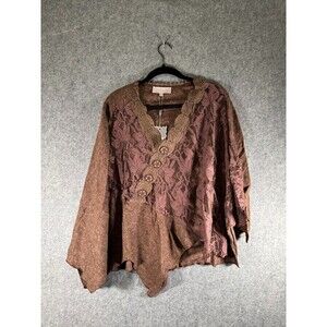 Pretty Ange Tunic Womens L Brown Linen Coverlet Top Button Lace Langenlook Fairy